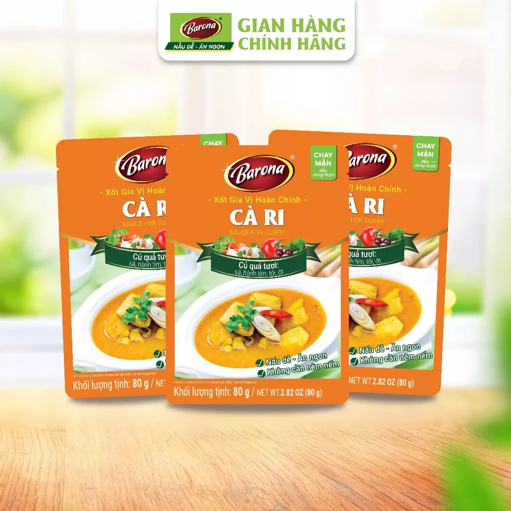 Bộ 3 Gói Xốt gia vị hoàn chỉnh Barona - Cà ri Barona 80g/gói, ướp chuẩn vị chay mặn dùng được