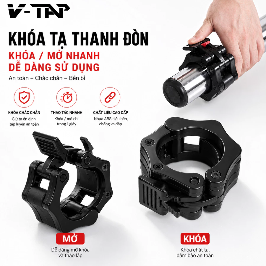 Kẹp Khóa Thanh Đòn Tạ V-TAP, Khóa Tạ Bản Nâng Cấp Rộng 25mm,50mm Phù Hợp Với Thanh Đòn 50mm