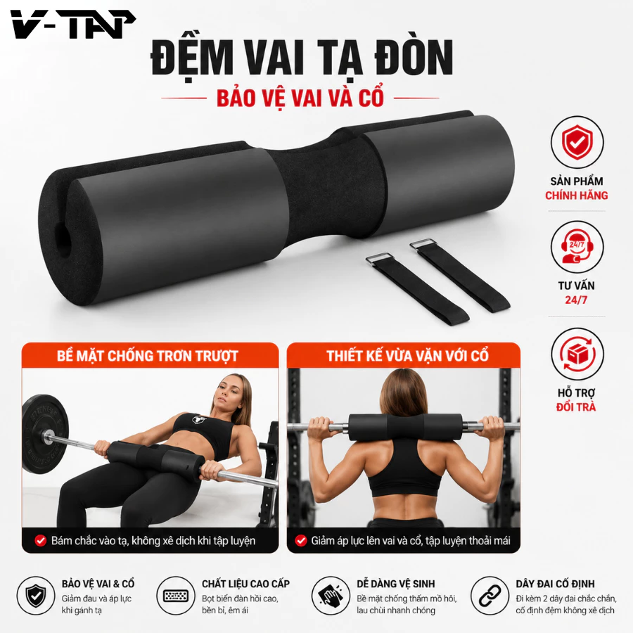Đệm Lót Gánh Tạ V-TAP Mút Xốp Bảo Vệ Vai, Đệm Thanh Đòn Tạ Hỗ Trợ Tập Squat , Hip Trust , Gánh Tạ