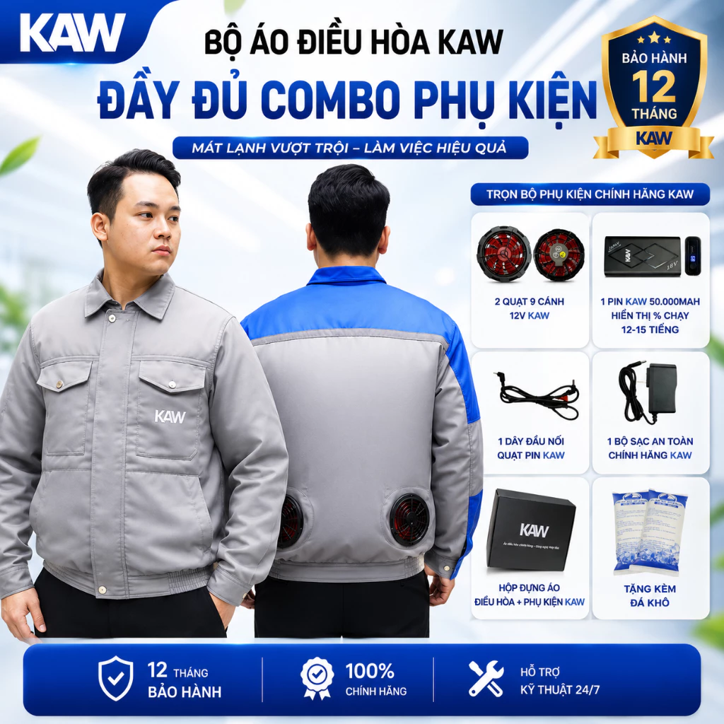 Áo Điều Hòa KAW Chính Hãng Quạt 9 Cánh Mạnh Mẽ - Thoáng Mát Hạ Nhiệt Nhanh, Tặng Túi Đá Khô