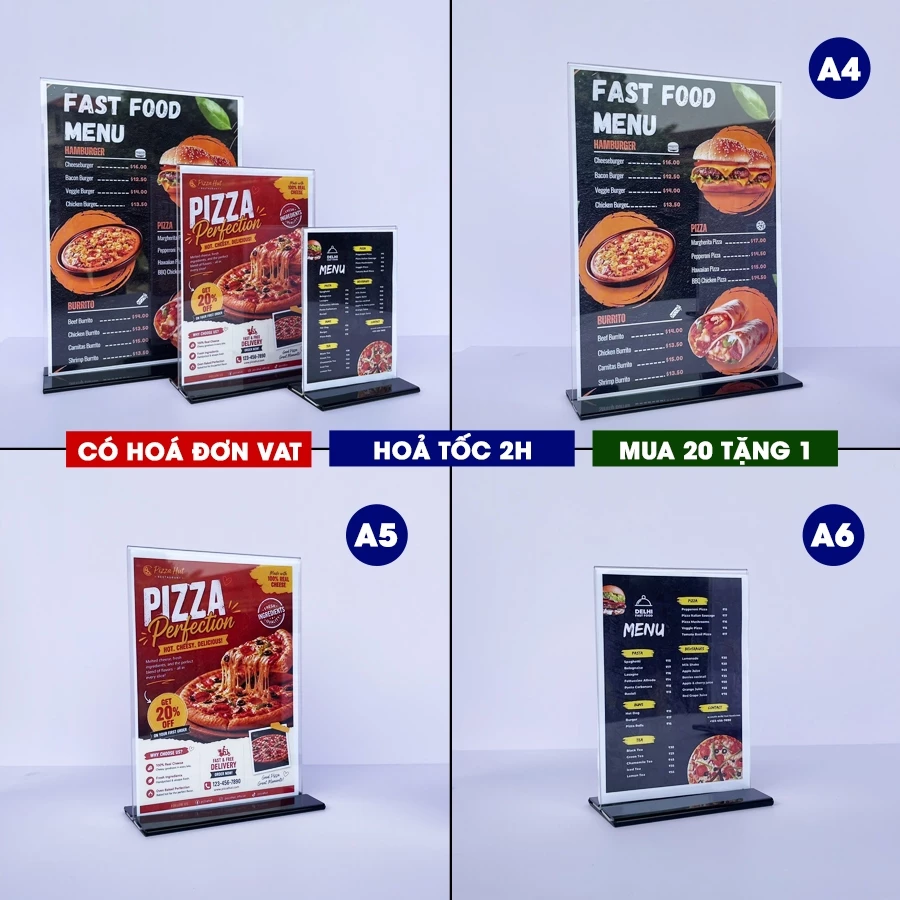 (Xuất hoá đơn VAT) Bảng mica để bàn, Menu mica A4, A5 A6 trong suốt, Ảnh shop chụp - Mua 20 Tặng 1