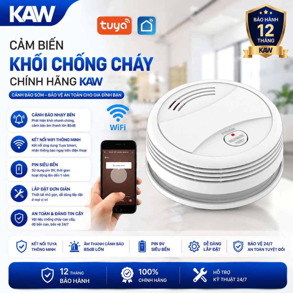[HỎA TỐC] Cảm Biến Khói Báo Cháy KAW - Âm Thanh 90DB, Dễ Lắp Đặt, Kết Nối Ứng Dụng Thông Minh