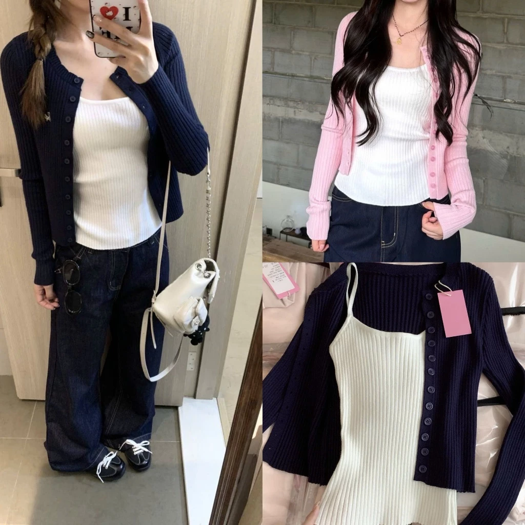 Set áo khoác cardigan len tăm và áo hai dây trắng co giãn mùa thu đông - TikTik