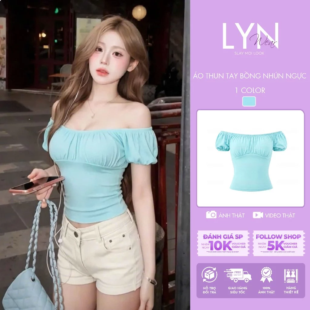 | LYN WEAR | Áo Trễ Vai Nữ Chun Ngực Tay Bèo Form Ôm Co Giãn Cotton Xanh Ngọc