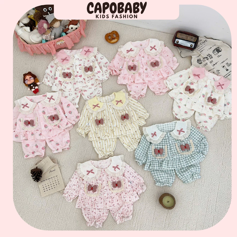 Bộ Pijama Bé Gái Dài Tay Cổ Sen Phối Bèo Kèm Quần Bloomers Phong Cách Hàn [BG07]