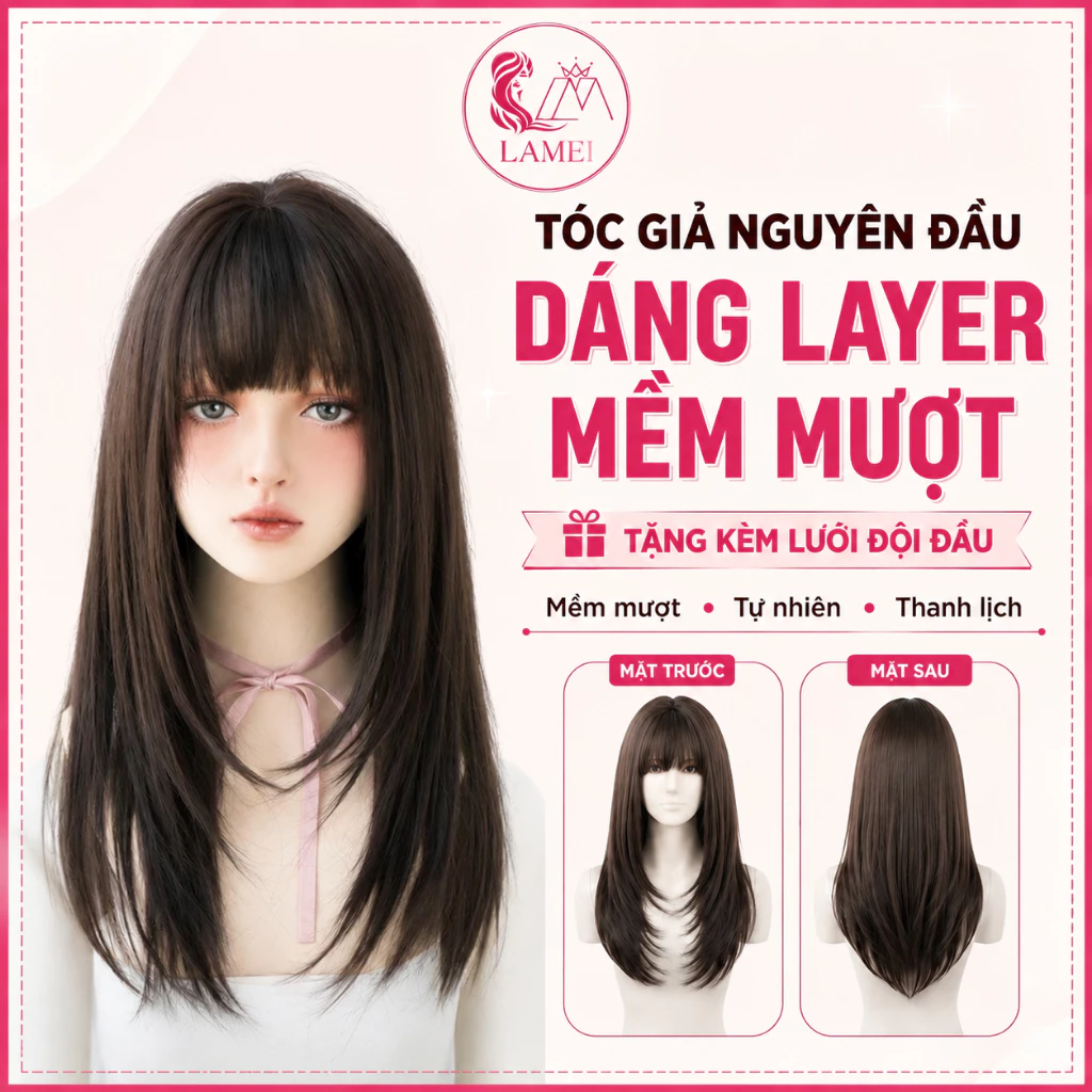 Tóc Giả Nguyên Đầu Dáng Layer Mềm Mượt Như Tóc Thật Có Tặng Kèm Lưới Đội Đầu