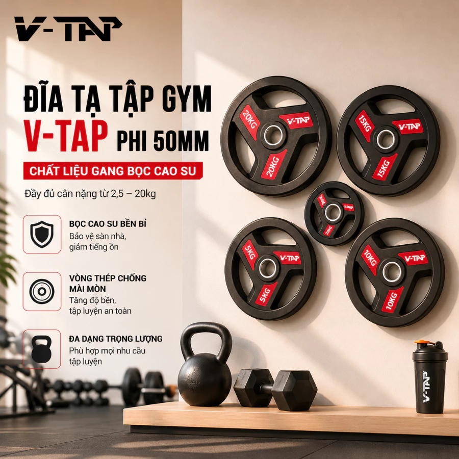 Bánh Tạ V-TAP Phi 50mm, Đĩa Tạ Gang Bọc Cao Su Chống Trơn Trượt Cân Nặng Từ 2.5Kg - 20Kg