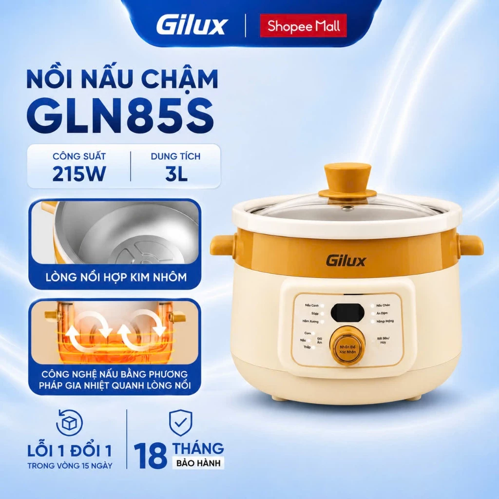 Nồi Kho Hầm Điện GILUX 3 Lít - Phiên bản mới 2026 - Đa Năng nhiều Chế Độ Ninh Nấu Hầm Hấp