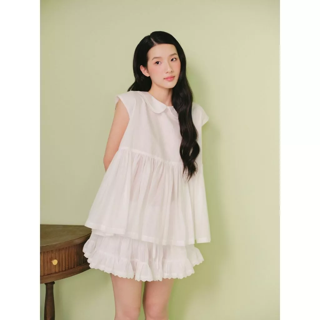 Áo babydoll OLV trắng cổ sen xếp tầng Ivory Gauze Peter Pan Sleeveless Top phù hợp đi làm đi chơi