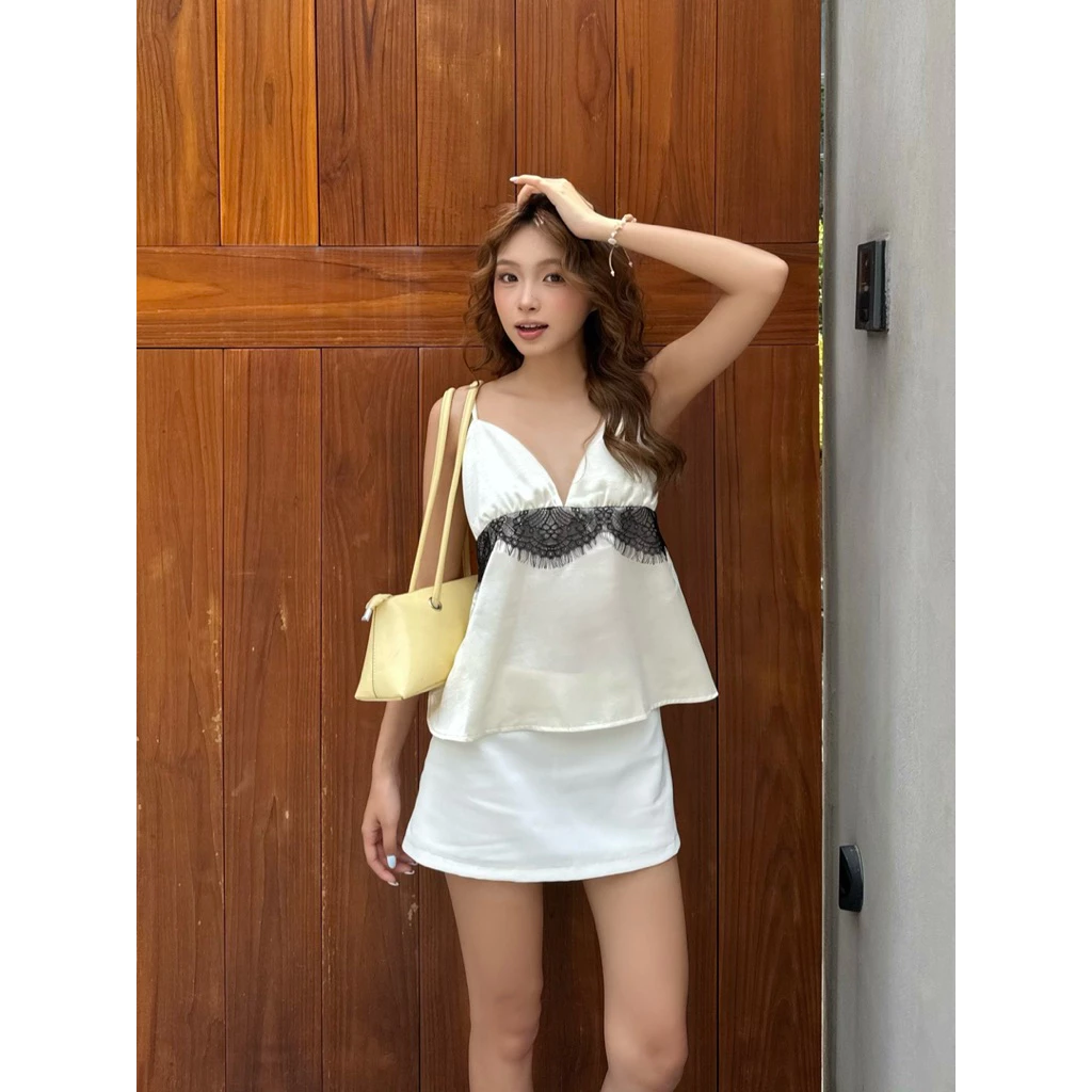 [Swan cami] Áo kiểu hai dây nữ chất lụa tráng gương phối ren bảng to có dây kéo phía sau