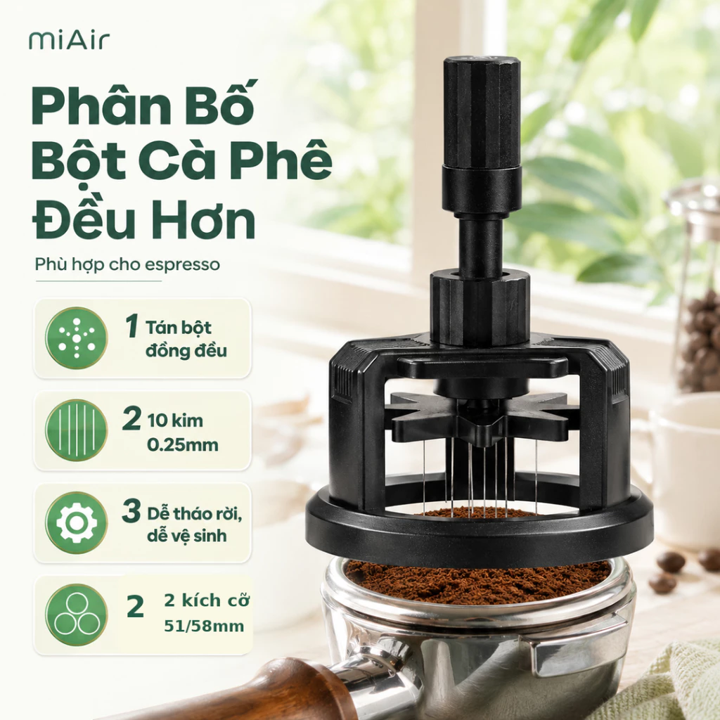 miAir Kim Đảo Trộn Cà Phê WDT Nam Châm Xoay 51/53/58mm Chỉnh Chiều Cao Inox 304