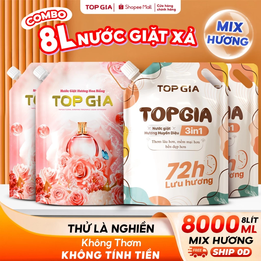 [COMBO MIX TIẾT KIỆM] Nước Giặt Xả TopGia Hương Huyền Diệu & Hoa Nắng Lưu Hương Lâu 72H, Túi 2L,1L