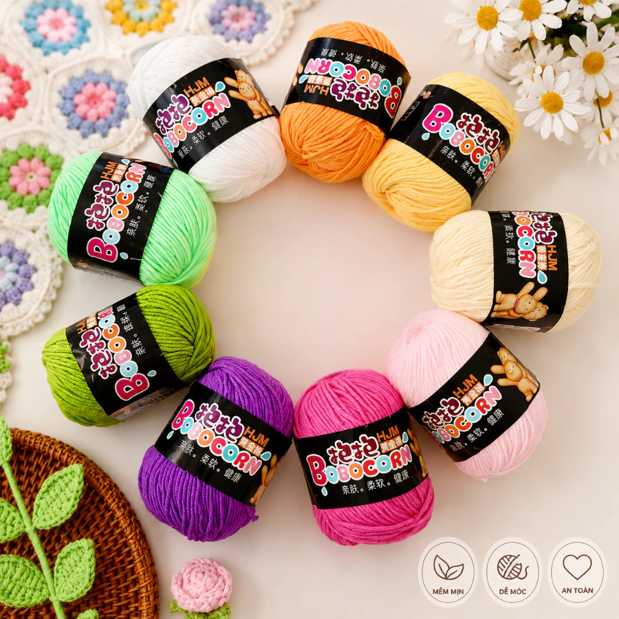 Len Milk Cotton BoBo 50g Sợi 2mm Gồm 42 Màu Dùng Làm Móc Khóa Len,Thú Bông Len Cho Người Mới Học Móc