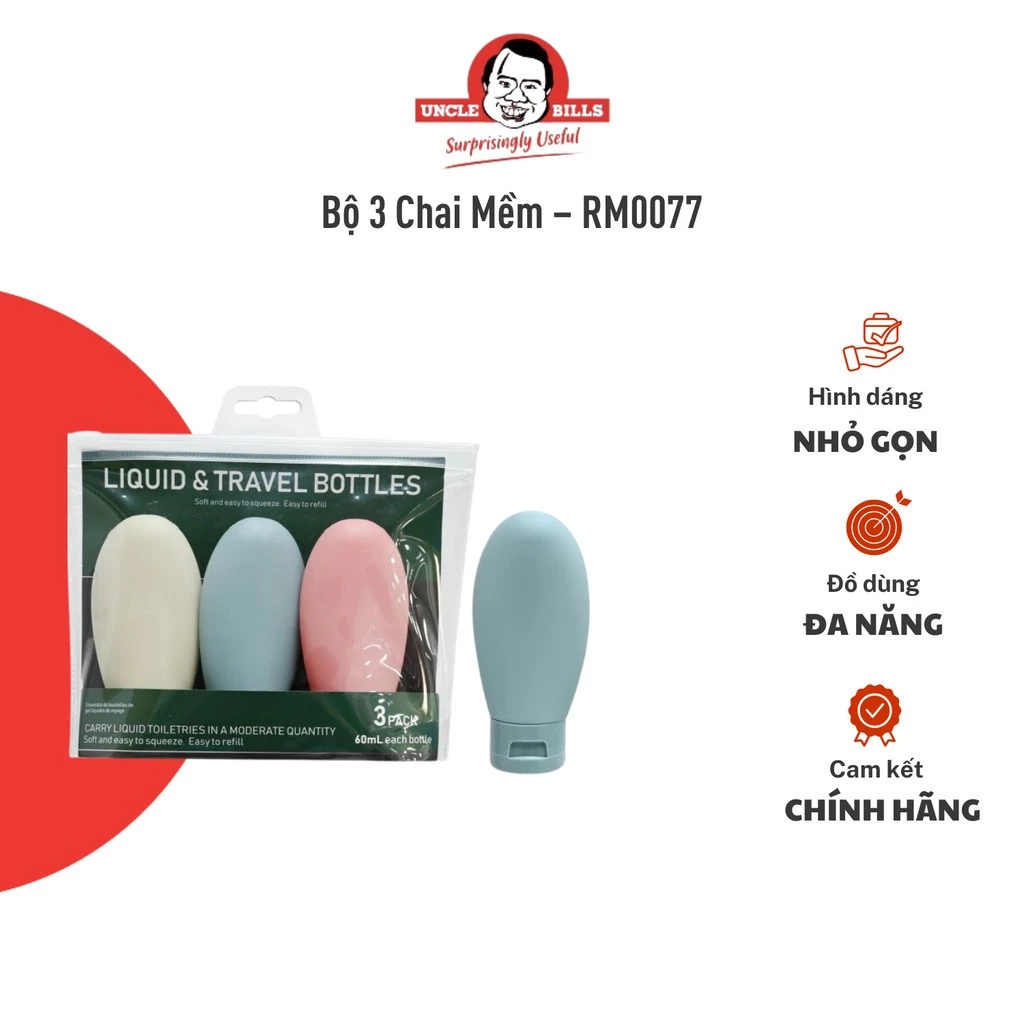 Bộ 3 Chai Mềm Chiết Mỹ Phẩm UNCLE BILLS Chiết Dầu Gội Dầu Xả Khi Du Lịch 60ml Kèm Túi Đựng – RM0077