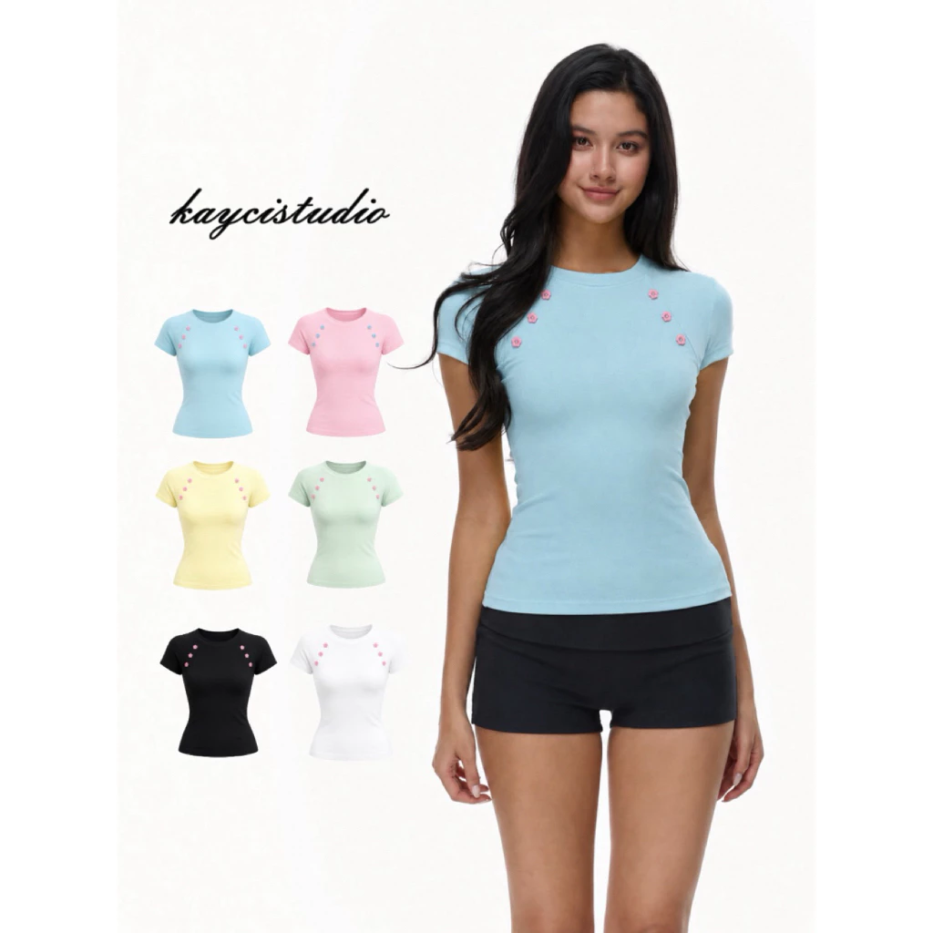 KAYCI.STU | “HOA MAI TOP” - Áo Thun Nữ Tay Ngắn Dáng Ôm Đính Cúc Hoa Mini Xinh Xắn Ôm Body Tôn Dáng A240