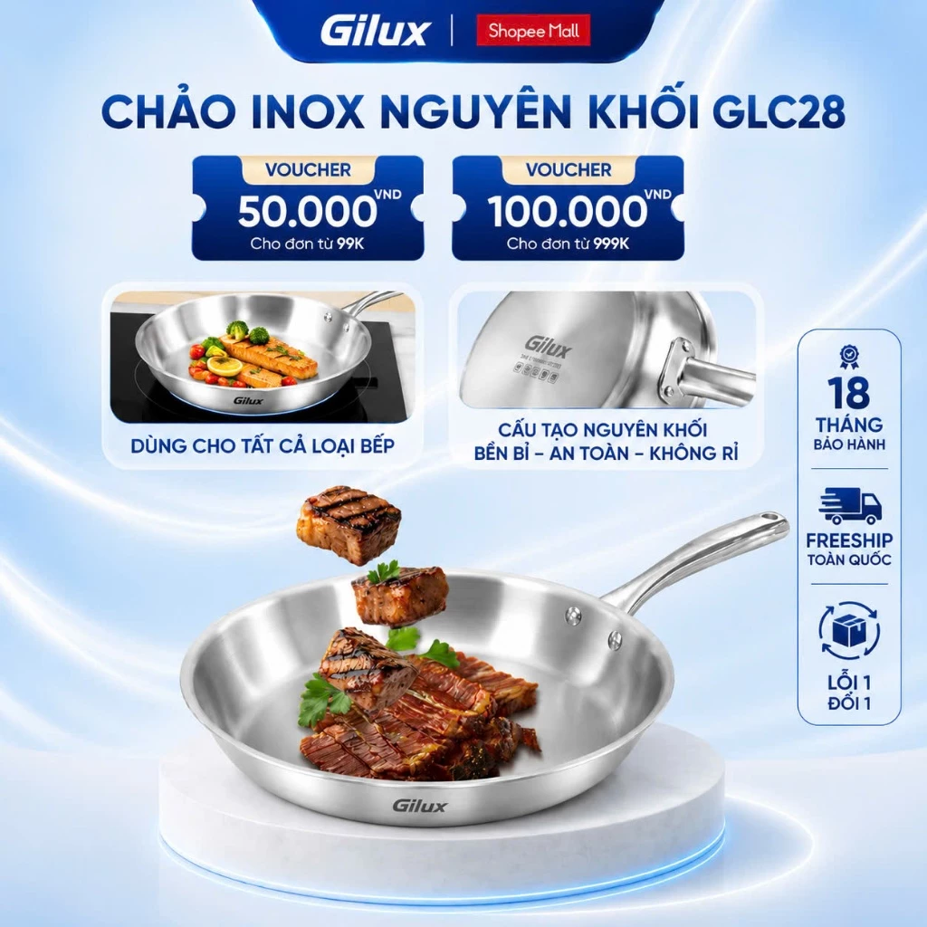 Chảo inox Gilux - lòng đáy sâu - kết cấu nguyên khối dùng được cho mọi loại bếp