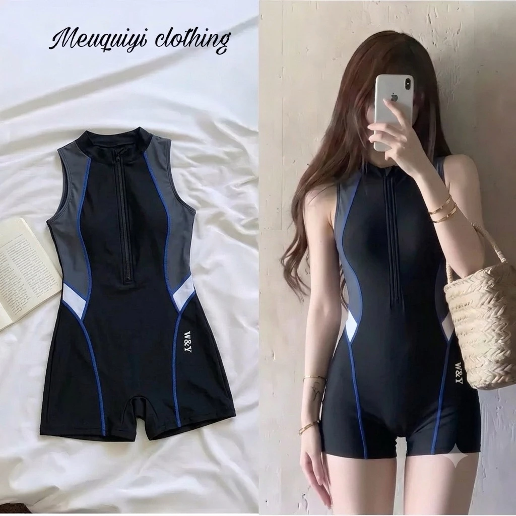 𝓜𝓮𝓲𝓺𝓾𝓲𝔂𝓲🥝 Bộ đồ liền thân thể thao nữ đen mix xanh trắng ôm sát đường viền tôn dáng, phù hợp nhiều môn thể thao