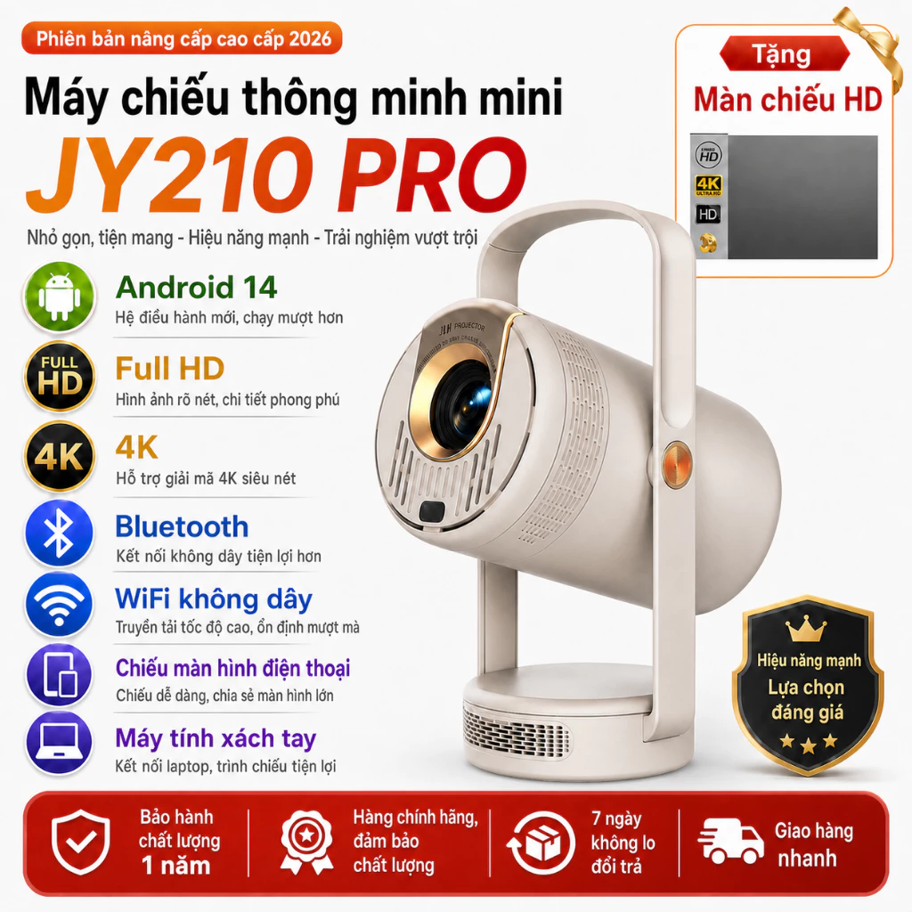 Máy chiếu mini JY210 Android 14 Full HD 4K Tự động Keystone WiFi 2.4/5G Kết nối điện thoại laptop ios xem phim Yuotube