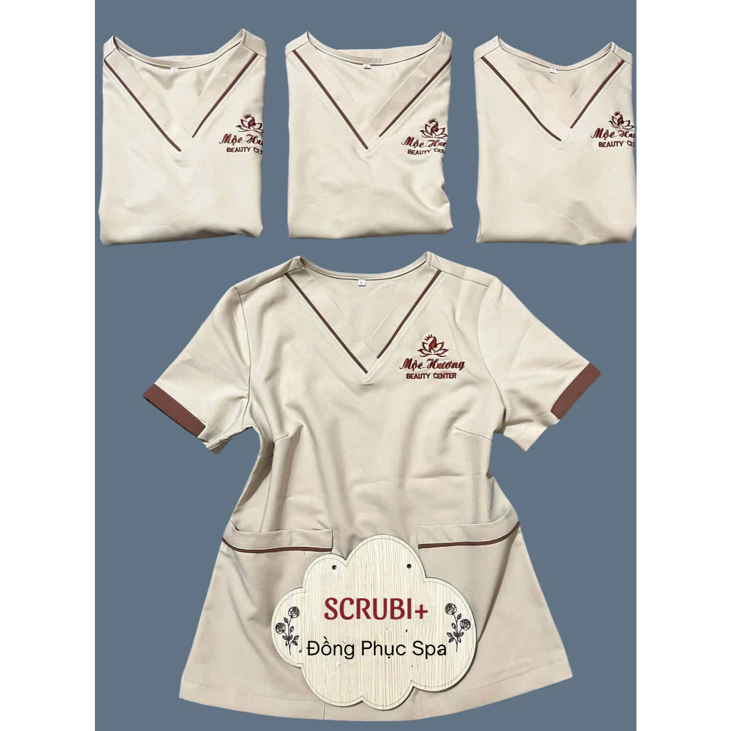 Đồng Phục Spa Phối Viền Cotton Hàn, Bộ Cổ Tim Bác Sĩ, Bộ Spa Thẩm Mỹ Viện