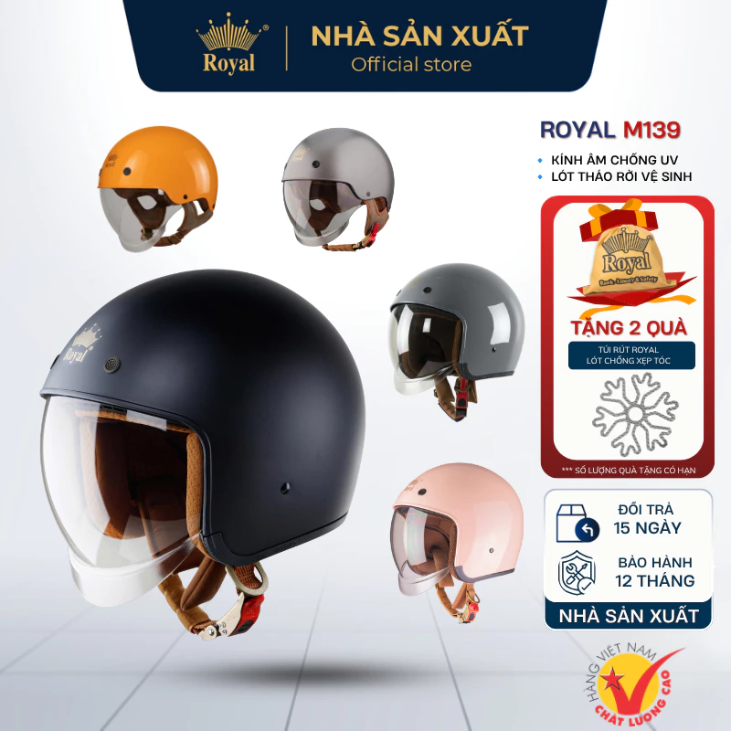 Mũ Bảo Hiểm Royal Chính Hãng 3/4 M139 Kính Âm Chắn Gió Tháo Lót Được, Nón Bảo Hiểm Royal M239 Đội Êm Kính Chống UV đang được đối chiếu cho người mua tại Việt Nam