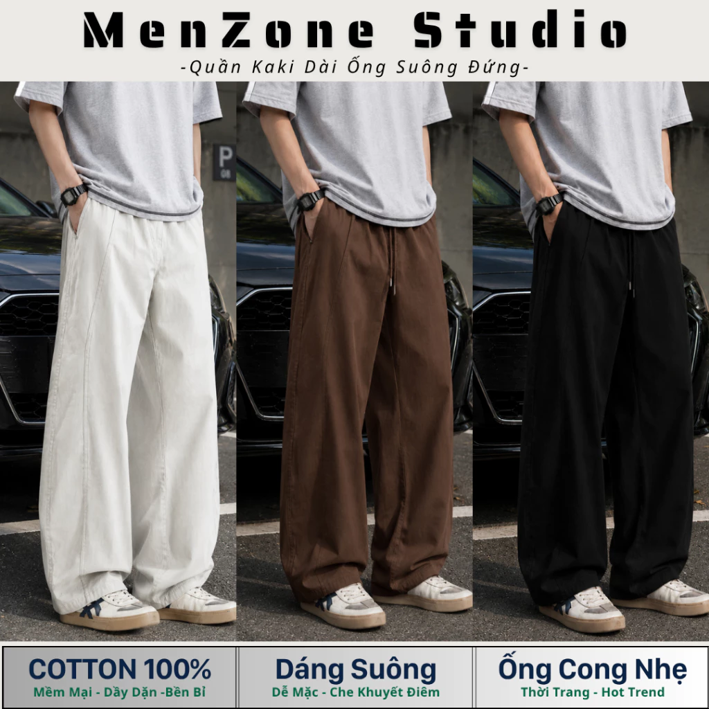 Quần Dài Kaki Nam Ống Suông Dáng Cong Nhẹ, Cạp Chun Dây Rút Chất Liệu Cotton Mềm Mịn MenZoneStudio