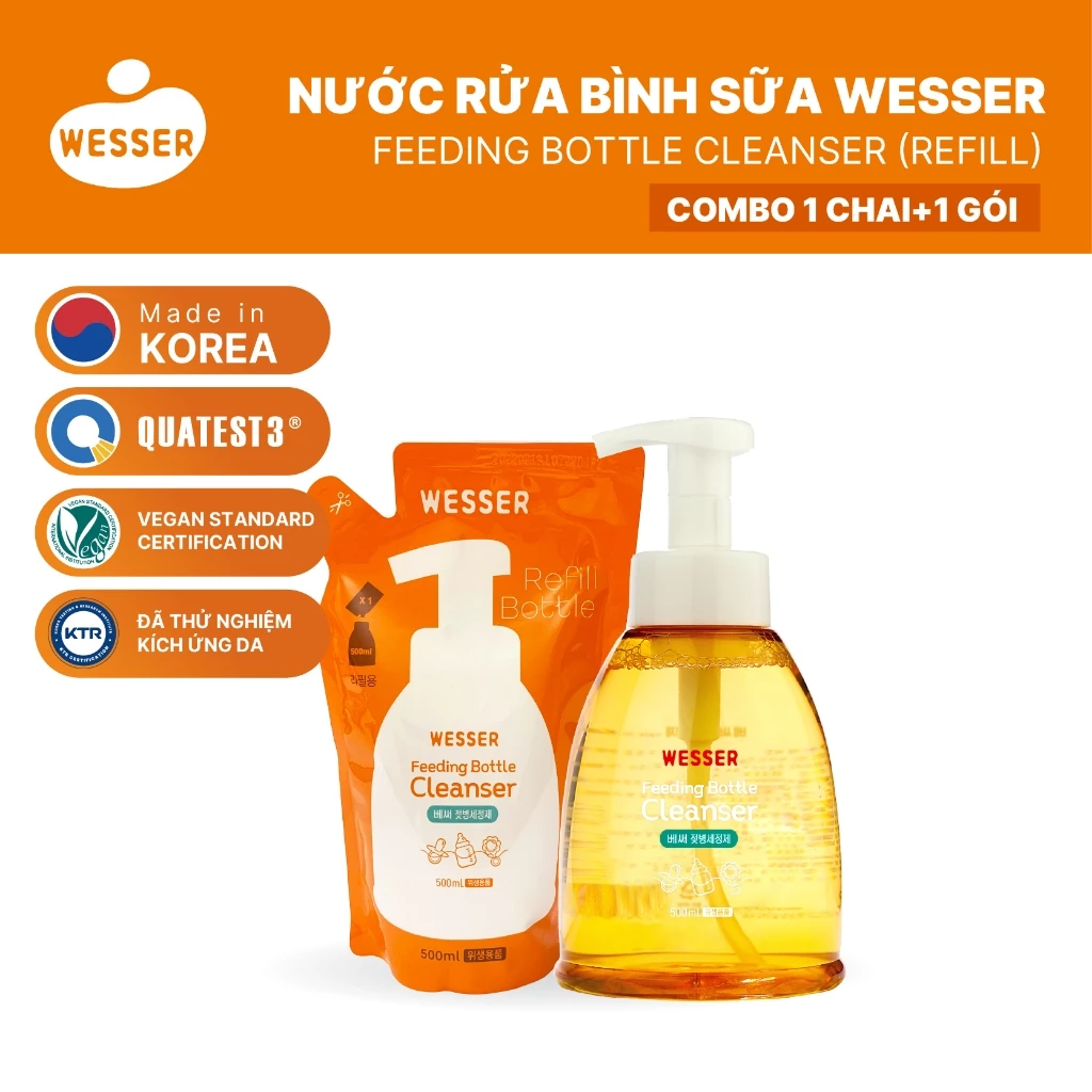 COMBO NƯỚC RỬA BÌNH SỮA WESSER CHAI + GÓI