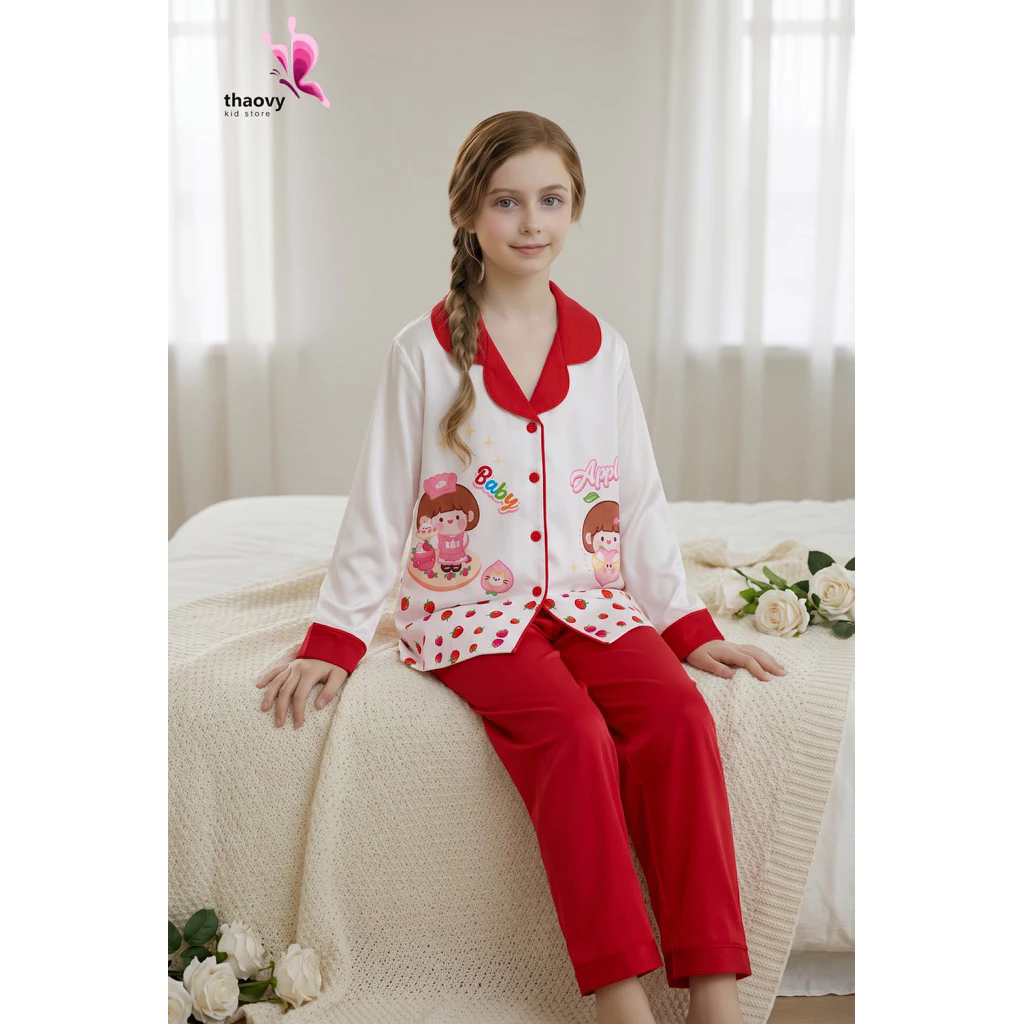 Bộ pijama bé gái vải latin mềm mát họa tiết cô bé và xe đạp dễ thương | Đồ ngủ trẻ em cao cấp, mặc nhà thoáng mát Thaovy
