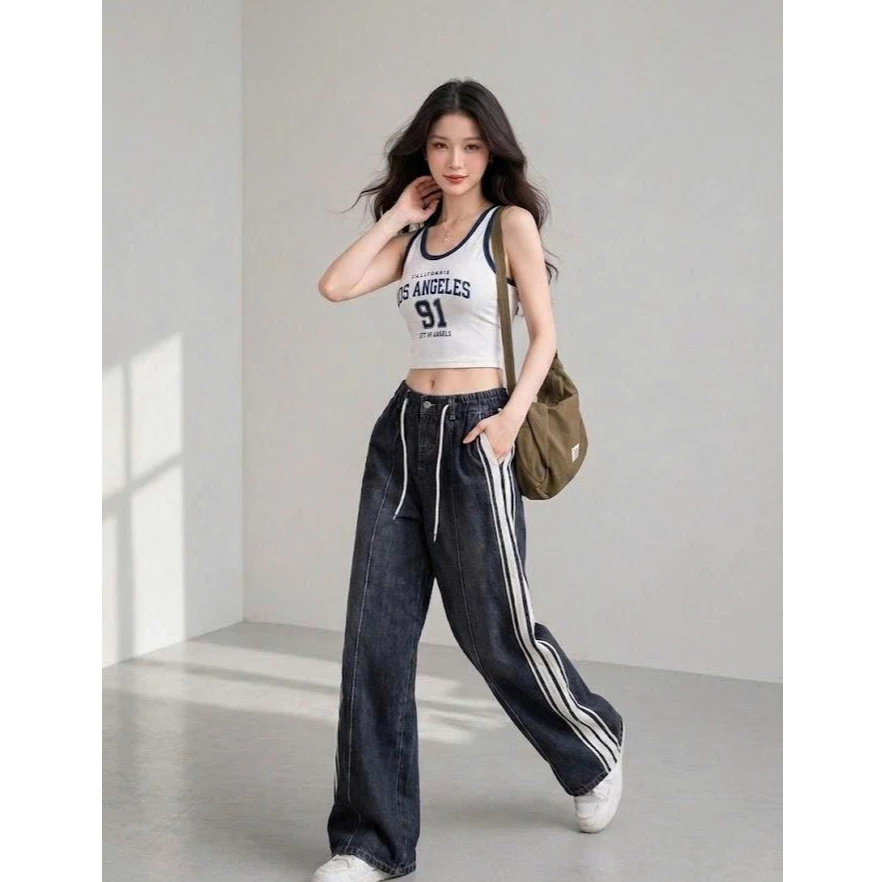 Quần Jean Nữ Suông Quần Bò Nữ Ống Rộng Sọc Viền Denim Dây Rút 111
