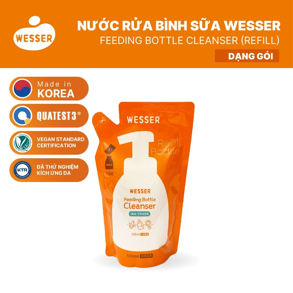 Nước rửa bình sữa thuần chay cho bé Wesser gói 500ml (Nhập khẩu Hàn Quốc) an toàn rửa rau củ và đồ chơi