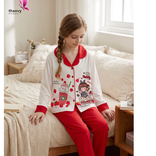 Bộ đồ ngủ bé gái vải Latin tay dài quần dài hình thỏ & chó – pijama mùa hè mát lạnh cho bé từ 10–65kg