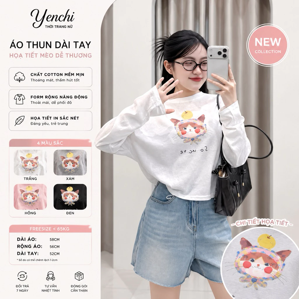Áo Thun Dài Tay Nữ In Hình Mèo Cute Form Rộng Phong Cách Hàn Quốc