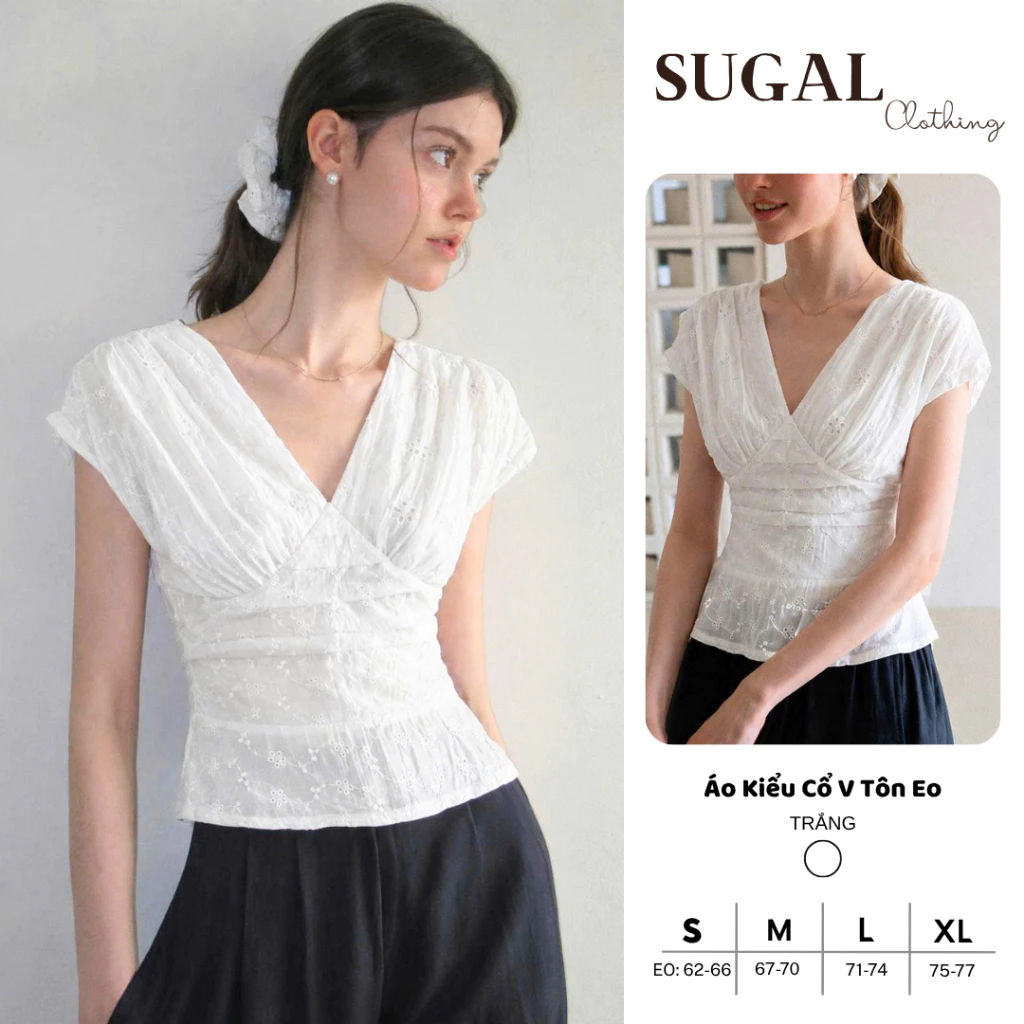 SUGAL - Áo Kiểu Nữ Cổ V Tôn Eo - Chất Thô Boi Thêu Hoa Nhí Nổi Cao Cấp Hàng Loại 1 - Áo Kiểu Hàn Quốc Mùa Hè| TOP NU 321