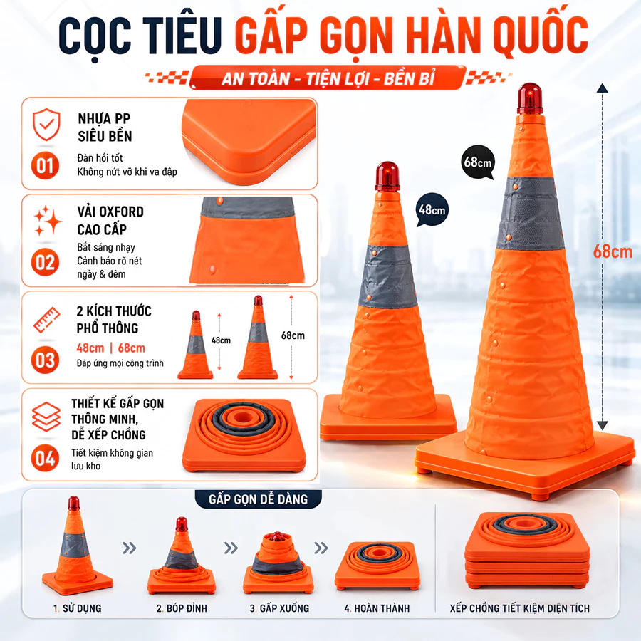 Cọc phân làn giao thông LED có thể gập lại, phản quang, rào chắn cảnh báo khẩn cấp cho ô tô