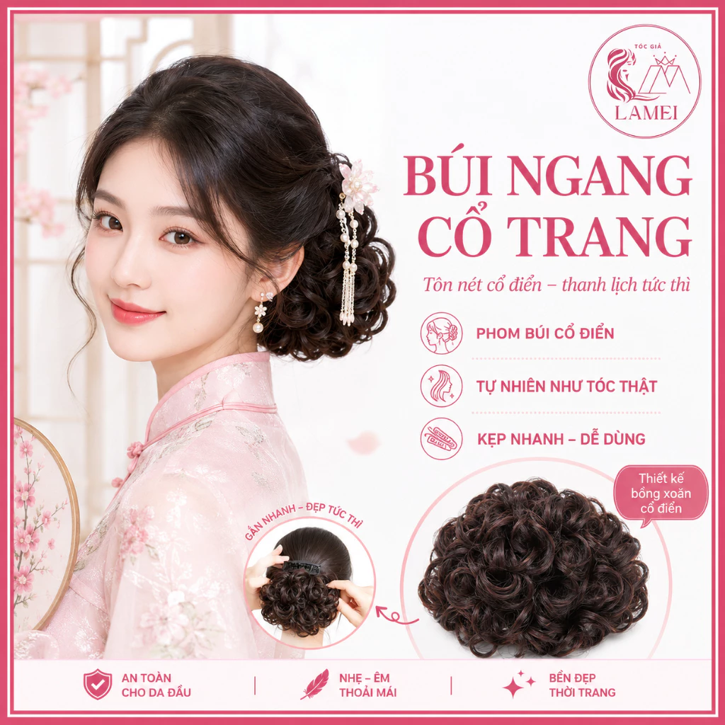 Tóc Giả Nữ Búi Tóc Giả Ngang Cổ Trang có dây kéo thay đổi dáng tóc