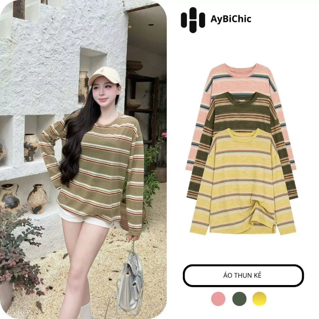 { Vải Tencel } Áo Thun Giấy Nữ  Dài Tay Phối Kẻ Dáng Thụng  Mỏng Nhẹ Chống Nắng Vải Thoáng Mát AB 3265