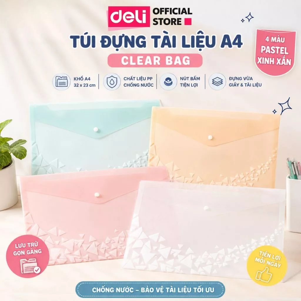 Túi đựng tài liệu A4 trong suốt Deli nhiều màu, clear bag bìa đựng tài liệu văn phòng lưu trữ hồ sơ giấy tờ