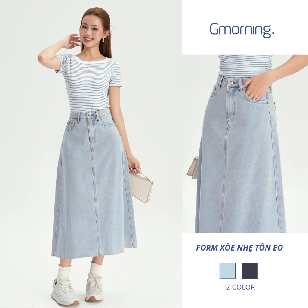 Chân Váy Jean Dài Chữ A Gmorning YVJG03036 - Váy Denim Wash Xanh Nhạt Lai Cắt, Form Xòe Basic Năng Động