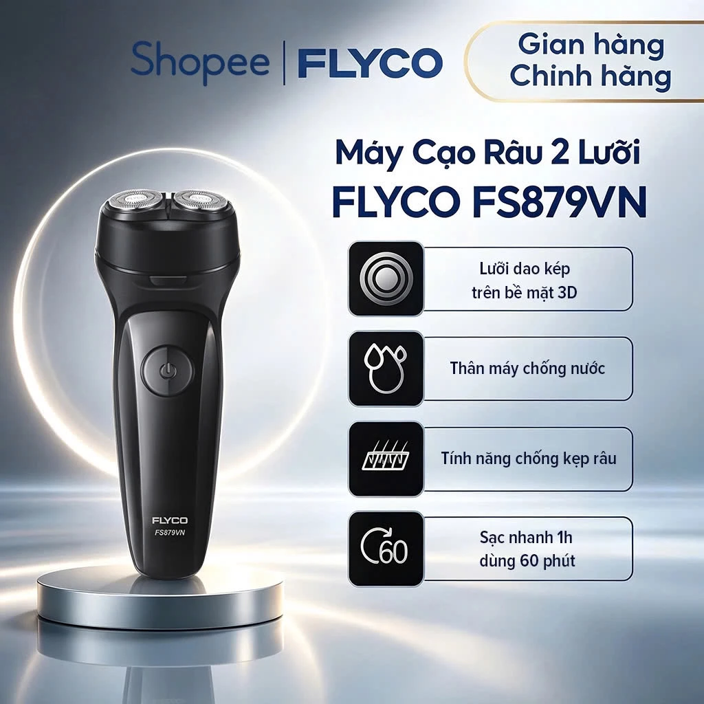 Máy Cạo Râu Flyco 2 Lưỡi Kép Thân Máy Kháng Nước Sạc Nhanh 1 Giờ FS879VN Hàng Chính Hãng