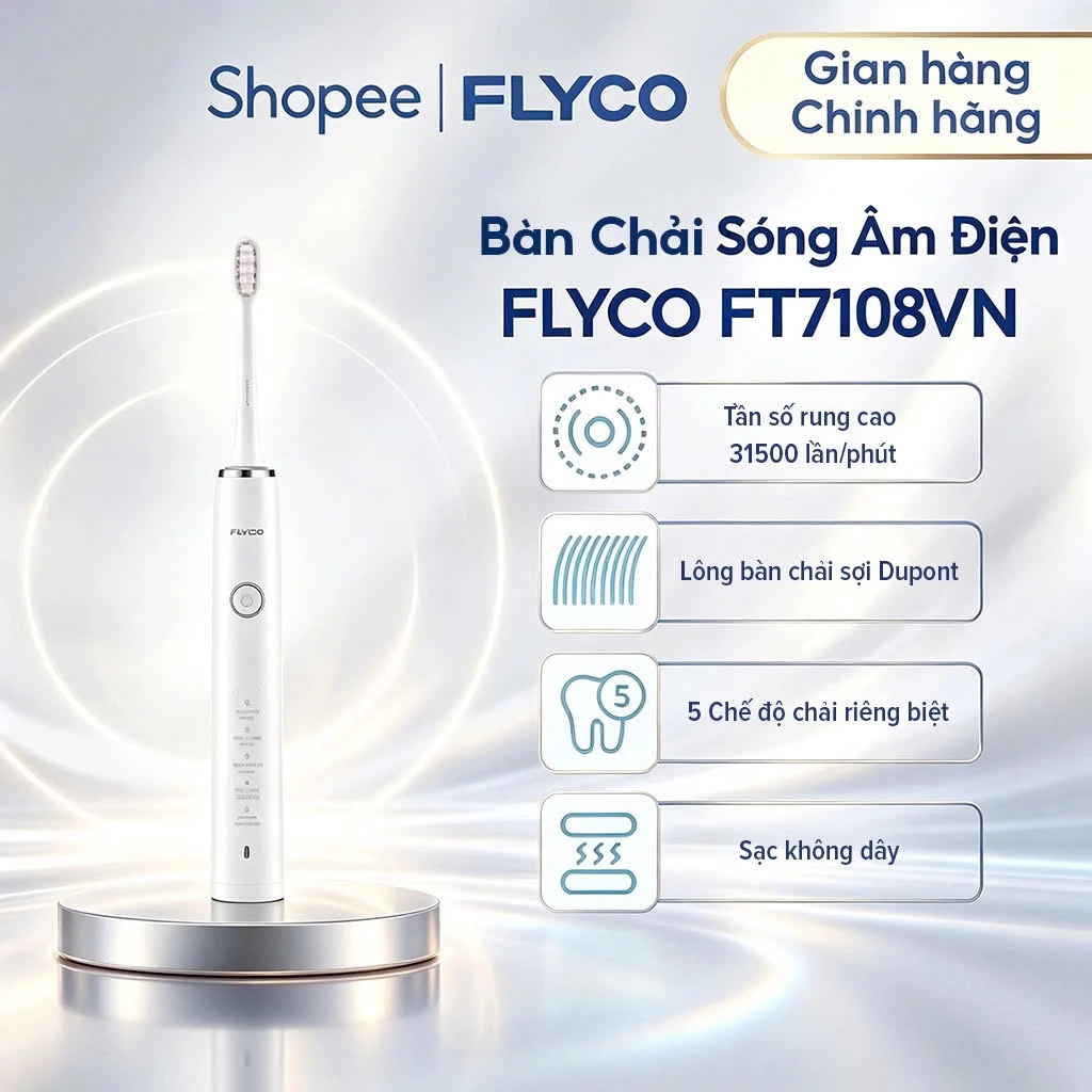 Bàn Chải Sóng Âm Điện Flyco FT7108VN Kháng Nước 5 Chế Độ Làm Sạch Chuẩn Nha Khoa - Hàng Chính Hãng