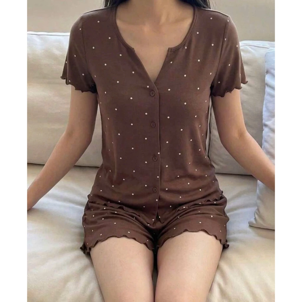 [HÀNG CÓ SẴN] Bộ pijama thun mềm chấm bi Nâu - ALISA