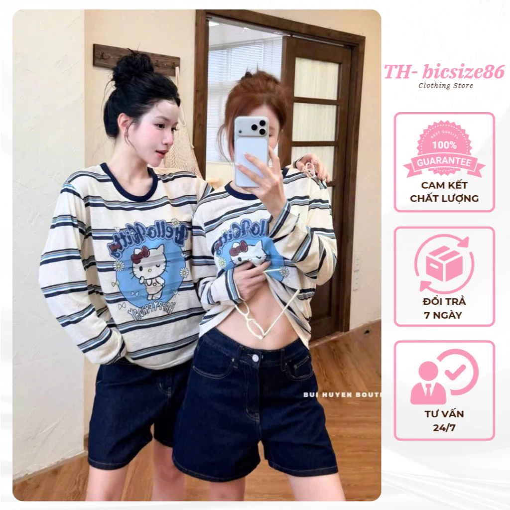 Áo thun dài tay kẻ họa tiết mèo hello kitty chất cotton giấy mặc mùa thu nhẹ nhàng