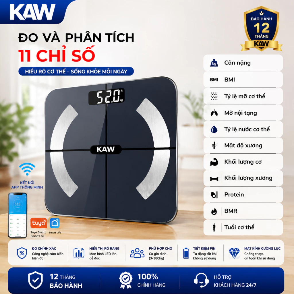 Cân điện tử sức khỏe KAW kết nối bluetooth phân tích chỉ số cơ thể đo tỷ mỡ, béo phì