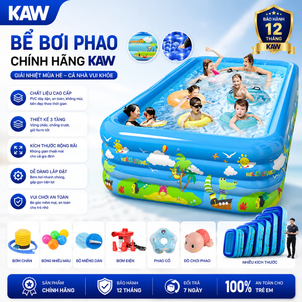 Bể bơi 3 tầng bốn mùa KAW chính hãng nhiều kích cỡ, bể bơi siêu to đáy chống trượt