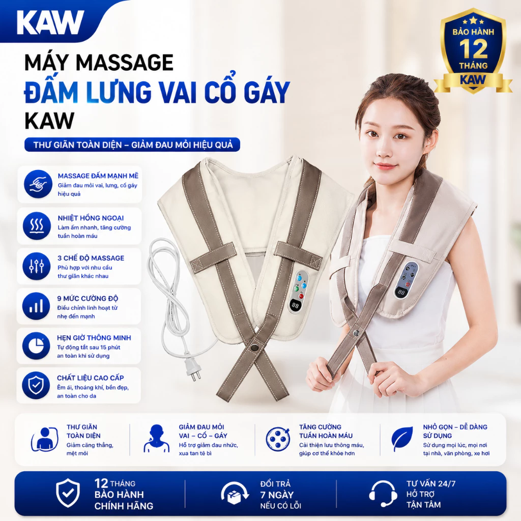 Đai Massage Cổ Vai Gáy Lưng KAW - Giảm Đau Nhức Mệt Mỏi, Máy Massage Thông Minh, Thoải Mái Khi Sử Dụng