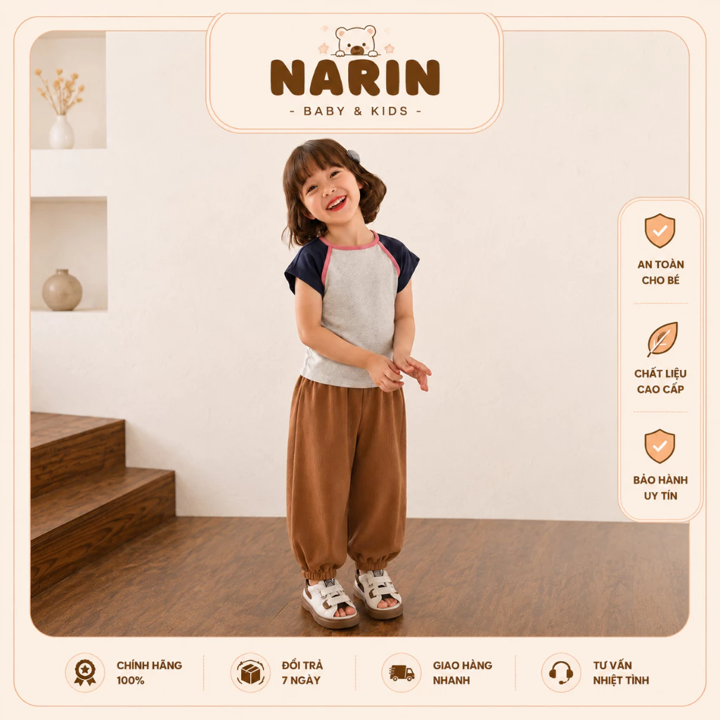 Quần boom vải thun tăm co giãn, mềm mại - thiết kế bo gấu giữ form giúp bé dễ vận động size 9M-4Y và 8-17kg.