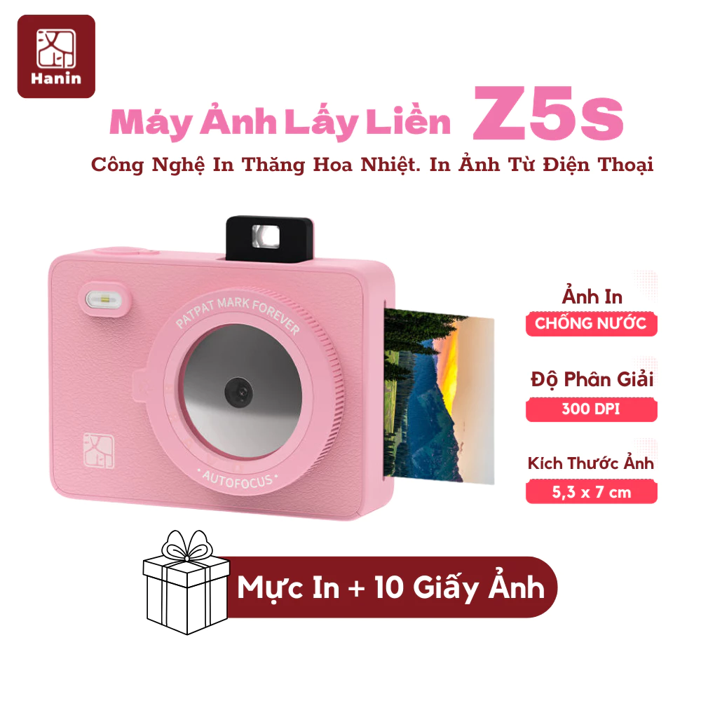 [Tặng 10 Giấy In] Máy Chụp Ảnh Lấy Liền Hanin Z5s In Ảnh Từ Điện Thoại, Có Đèn Flash, 5 Lớp Filter | Hanin