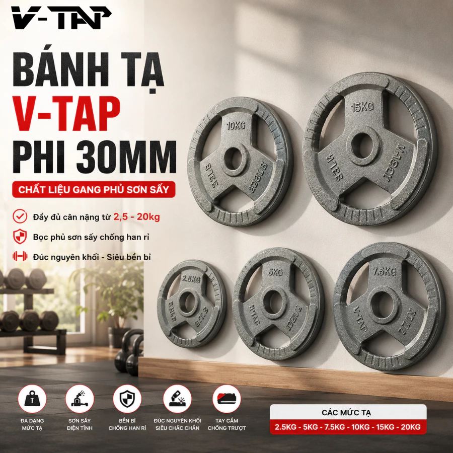 Bánh Tạ Đĩa Gang Phủ Sơn Sấy V-TAP Phi 30mm - 2.5KG - 5KG Và 10KG / 1 Bánh  (Hàng Nhập Khẩu)