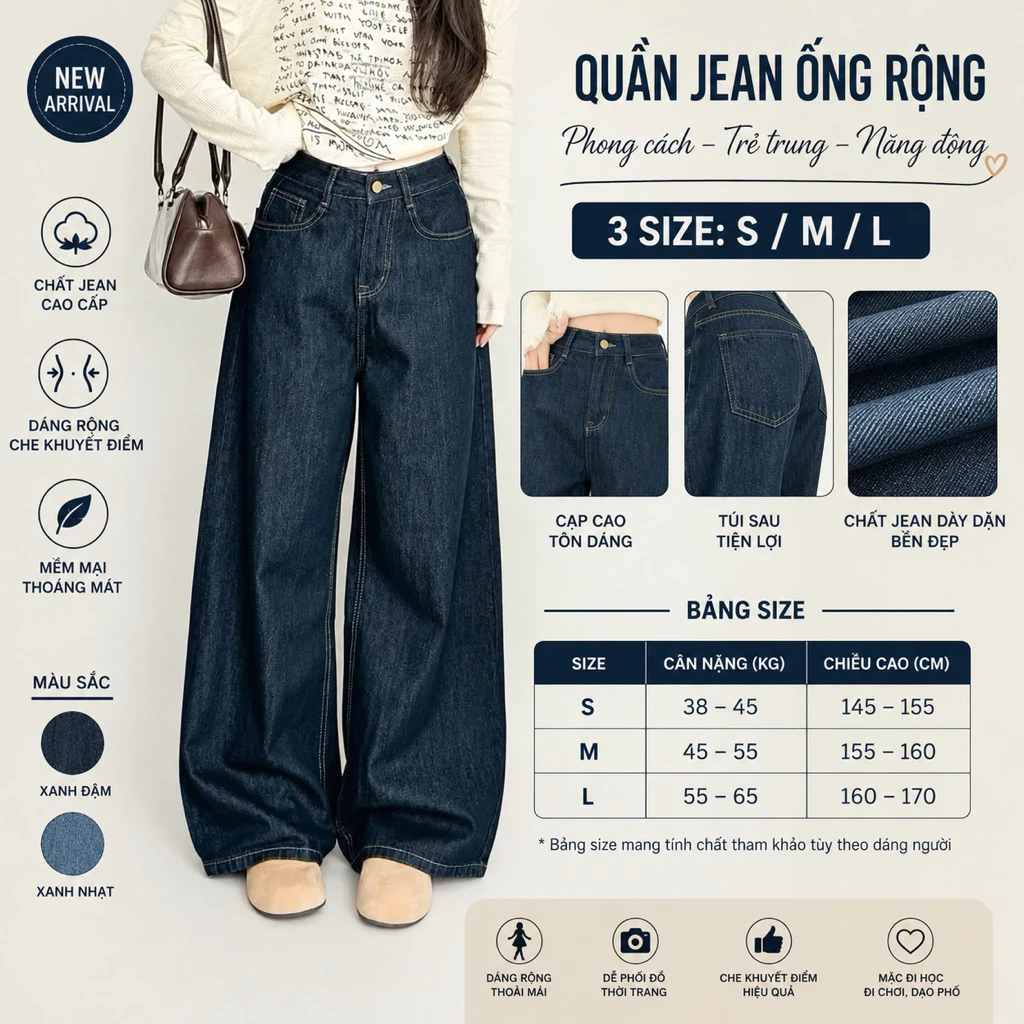 Quần Jean  Ống  Rộng Nữ ,  quần jeans trơn màu xanh đậm phối chỉ nổi cạp cao hack dáng