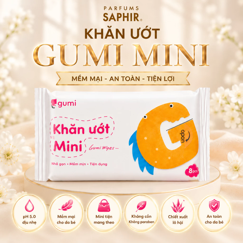 [DATE 2029] Khăn Ướt GUMI  Mềm Mại và Thoải Mái,Tiện Lợi, An Toàn Cho Làn Da Của Bé Gói Nhỏ 8 Miếng