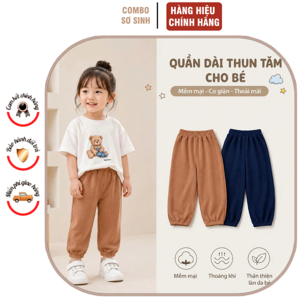 Quần Boom Vải Tăm Cho Bé Trai Bé Gái 8-17kg size 9M-4Y– Quần Dài Bo Gấu Co Giãn, Mềm Mại, Thoáng Khí